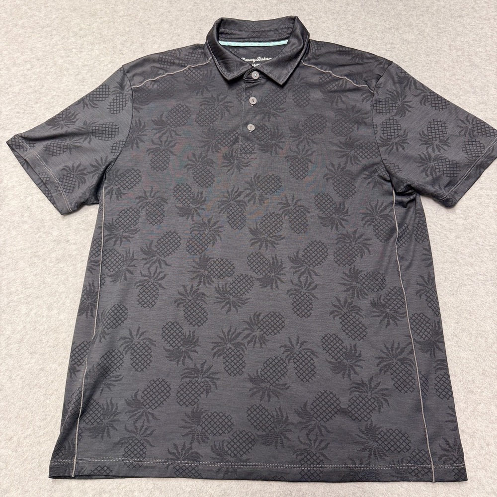 Tommy Bahama Polo Shirt Mens Medium Gray Island Zone Pineapple Print Performance